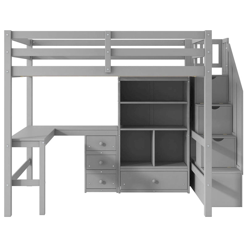 Wood Storage Loft Bed with L-Shaped Desk and 4 Drawers, Full Size Kids Bed Frame with Cabinet & Storage Staircase for Bedroom