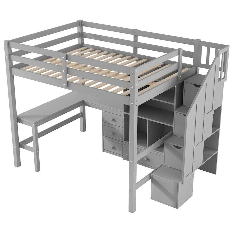 Wood Storage Loft Bed with L-Shaped Desk and 4 Drawers, Full Size Kids Bed Frame with Cabinet & Storage Staircase for Bedroom
