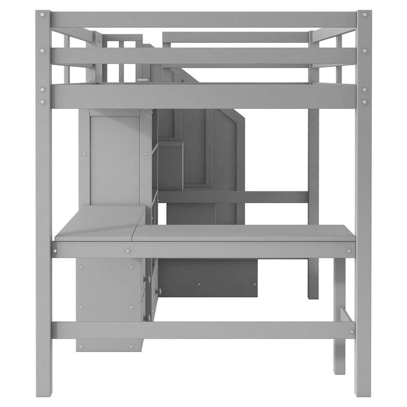 Wood Storage Loft Bed with L-Shaped Desk and 4 Drawers, Full Size Kids Bed Frame with Cabinet & Storage Staircase for Bedroom