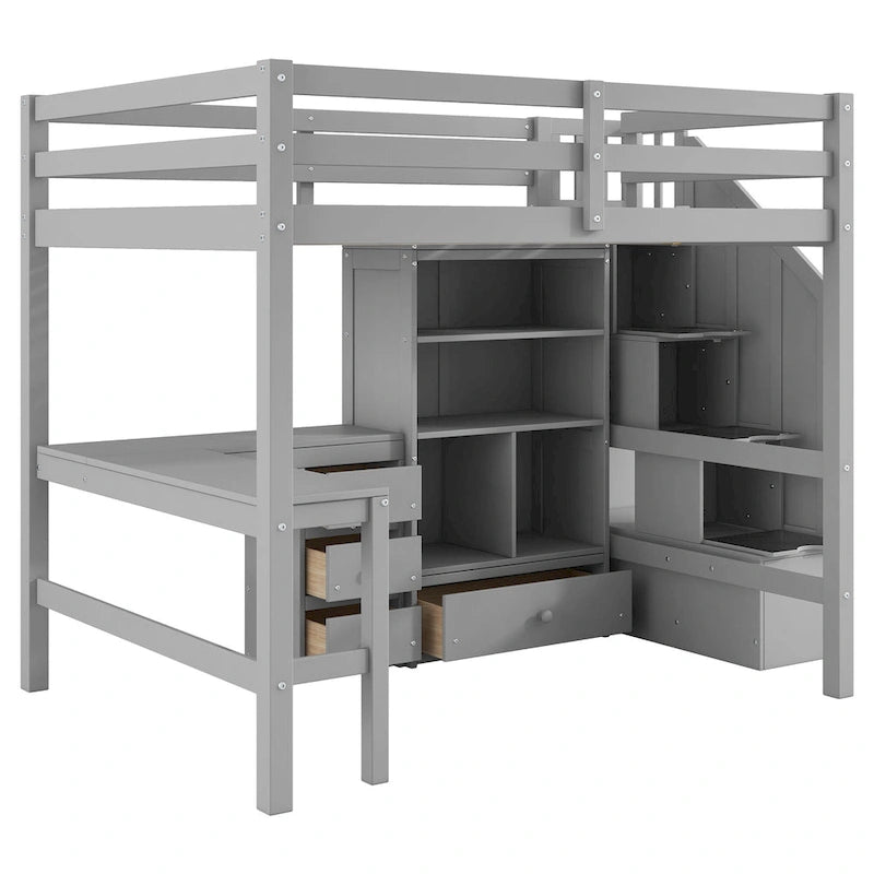 Wood Storage Loft Bed with L-Shaped Desk and 4 Drawers, Full Size Kids Bed Frame with Cabinet & Storage Staircase for Bedroom