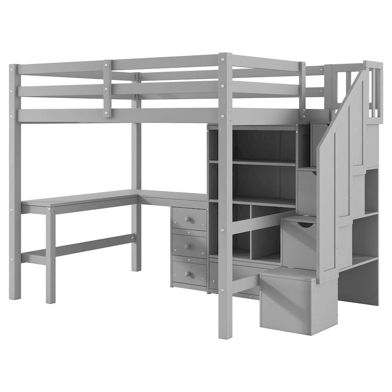 Wood Storage Loft Bed with L-Shaped Desk and 4 Drawers, Full Size Kids Bed Frame with Cabinet & Storage Staircase for Bedroom