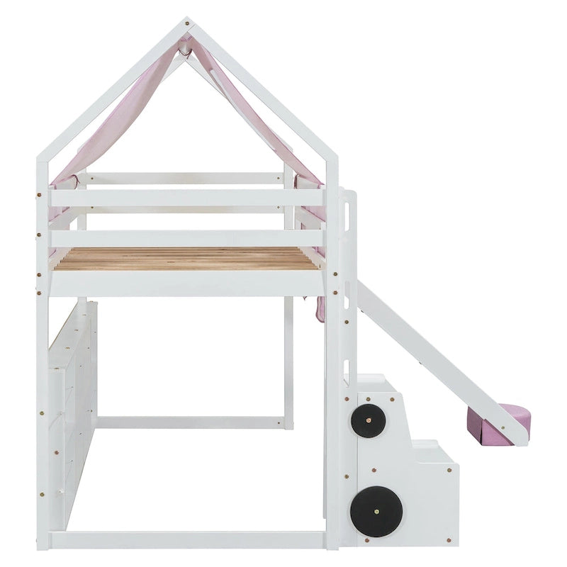 Twin Loft Bed with Play Tent and House Design, 250lb Capacity, Slide & Ladder