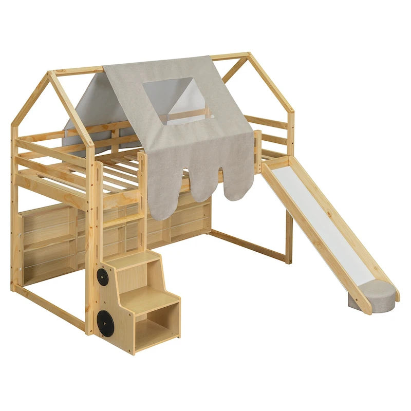 Twin Loft Bed with Play Tent and House Design, 250lb Capacity, Slide & Ladder