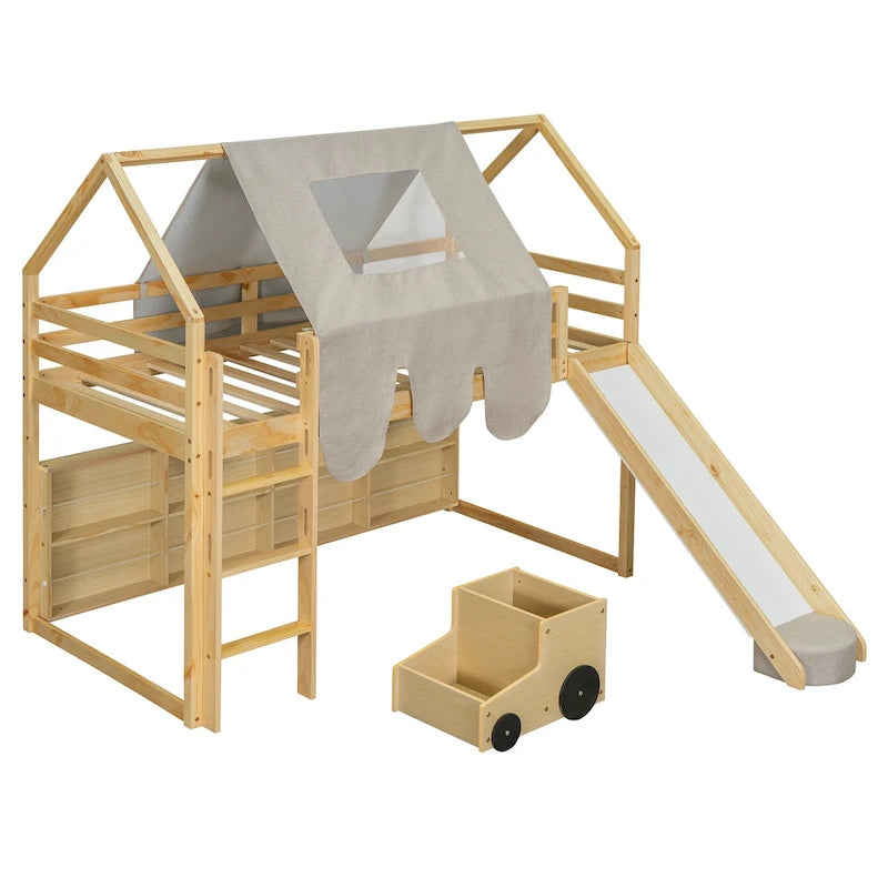 Twin Loft Bed with Play Tent and House Design, 250lb Capacity, Slide & Ladder