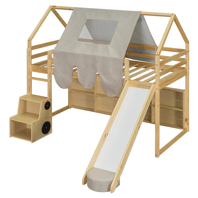 Twin Loft Bed with Play Tent and House Design, 250lb Capacity, Slide & Ladder
