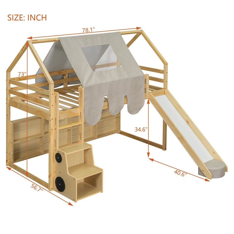 Twin Loft Bed with Play Tent and House Design, 250lb Capacity, Slide & Ladder