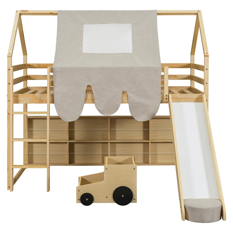 Twin Loft Bed with Play Tent and House Design, 250lb Capacity, Slide & Ladder