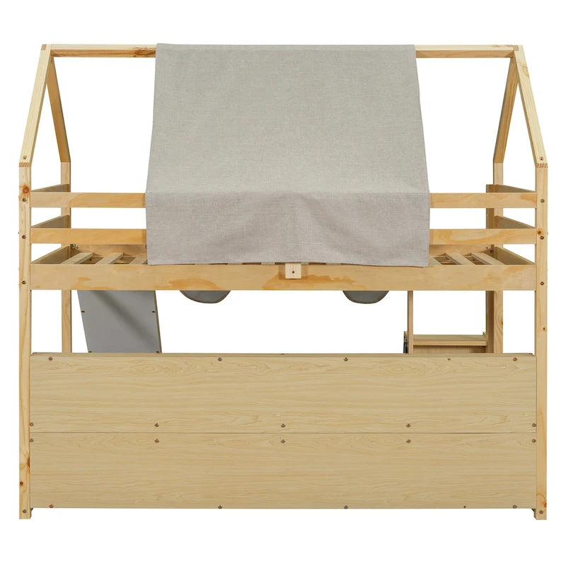 Twin Loft Bed with Play Tent and House Design, 250lb Capacity, Slide & Ladder