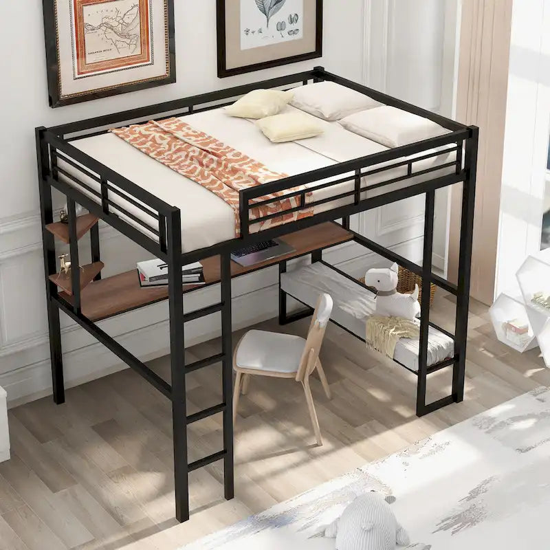 Full Size Metal Loft Bed with Long Desk and Shelves