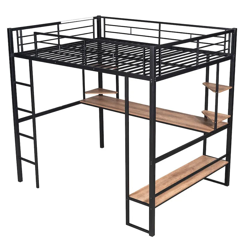 Full Size Metal Loft Bed with Long Desk and Shelves