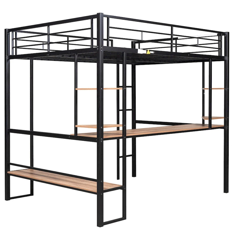 Full Size Metal Loft Bed with Long Desk and Shelves