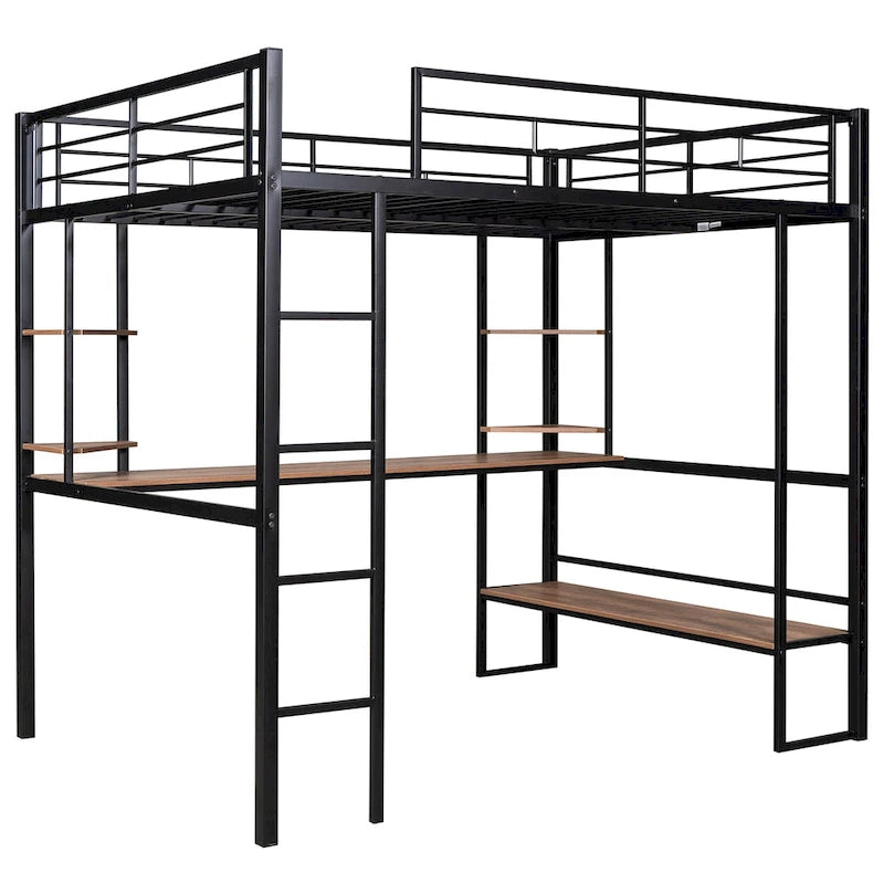 Full Size Metal Loft Bed with Long Desk and Shelves