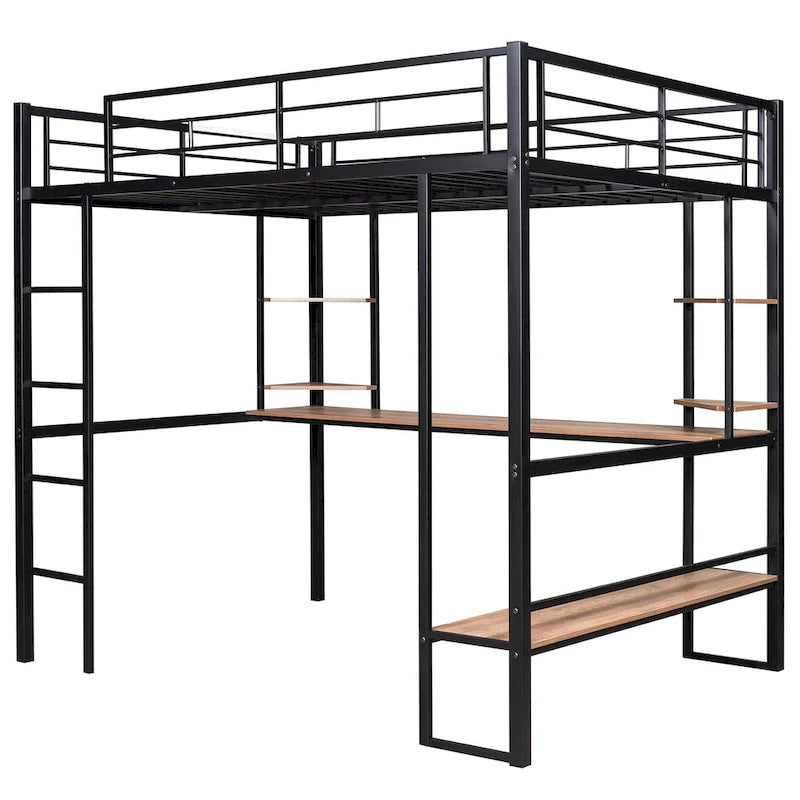 Full Size Metal Loft Bed with Long Desk and Shelves