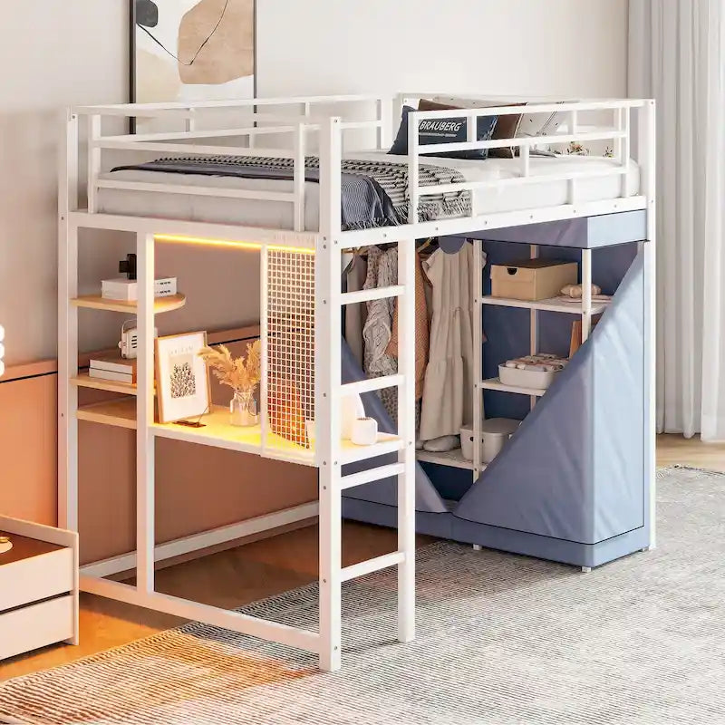 Twin Metal Loft Bed with Built-in Desk, Wardrobe & Power Outlet - 350LB Capacity