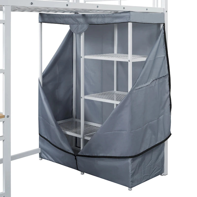 Twin Metal Loft Bed with Built-in Desk, Wardrobe & Power Outlet - 350LB Capacity
