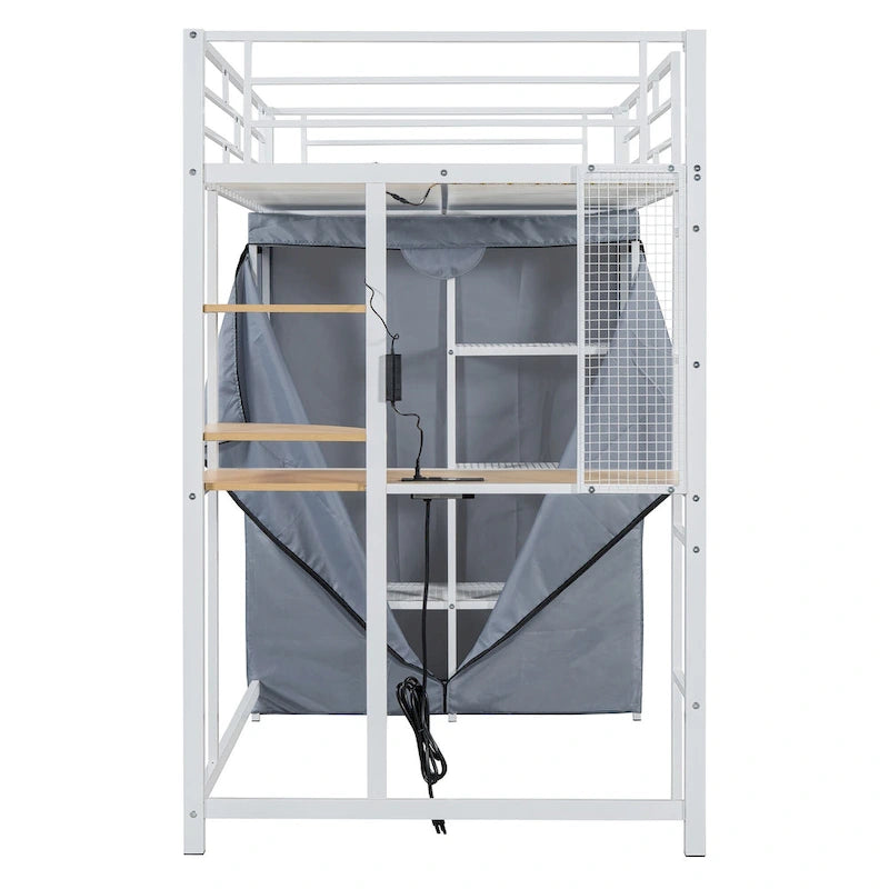Twin Metal Loft Bed with Built-in Desk, Wardrobe & Power Outlet - 350LB Capacity