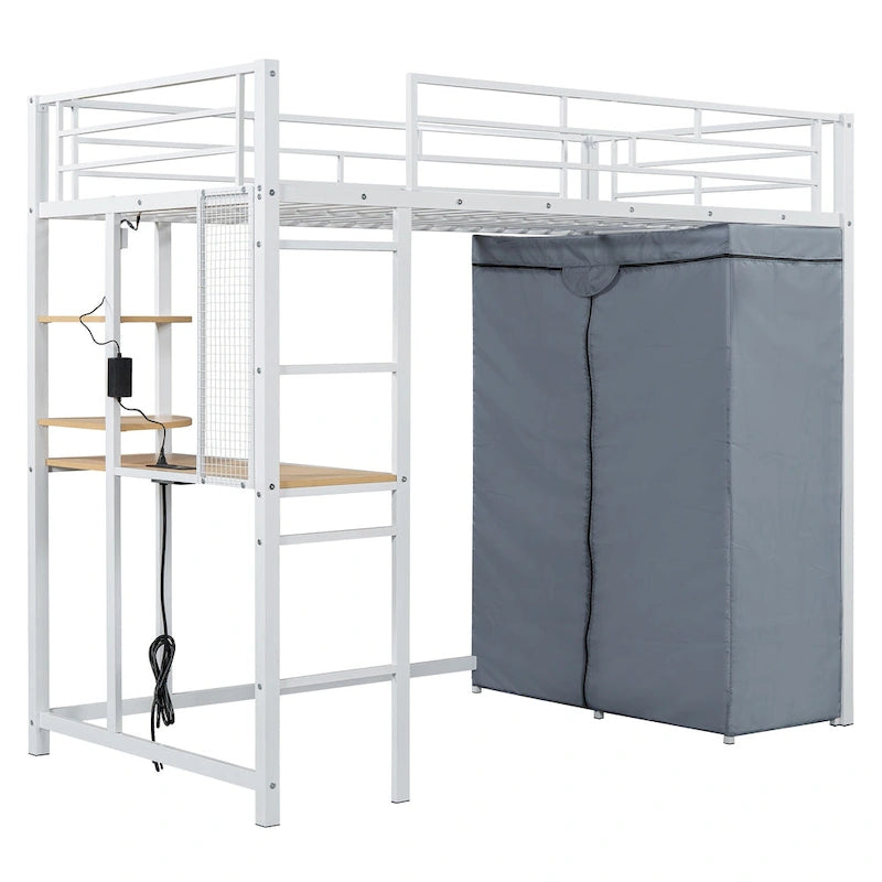 Twin Metal Loft Bed with Built-in Desk, Wardrobe & Power Outlet - 350LB Capacity