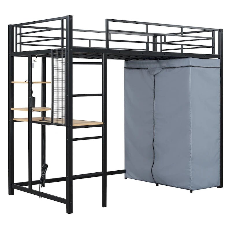 Twin Metal Loft Bed with Built-in Desk, Wardrobe & Power Outlet - 350LB Capacity