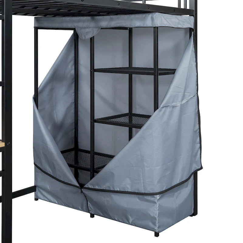 Twin Metal Loft Bed with Built-in Desk, Wardrobe & Power Outlet - 350LB Capacity