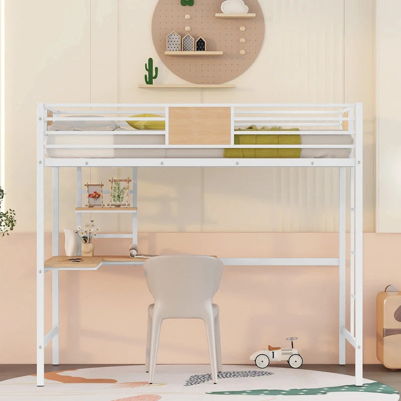 Twin Size Metal Loft Bed with Desk and Shelves for Kids