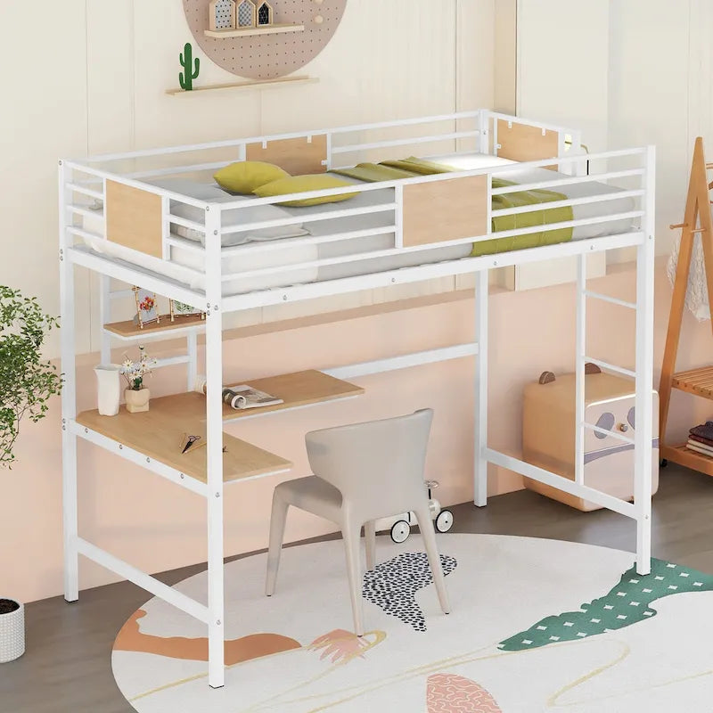 Twin Size Metal Loft Bed with Desk and Shelves for Kids