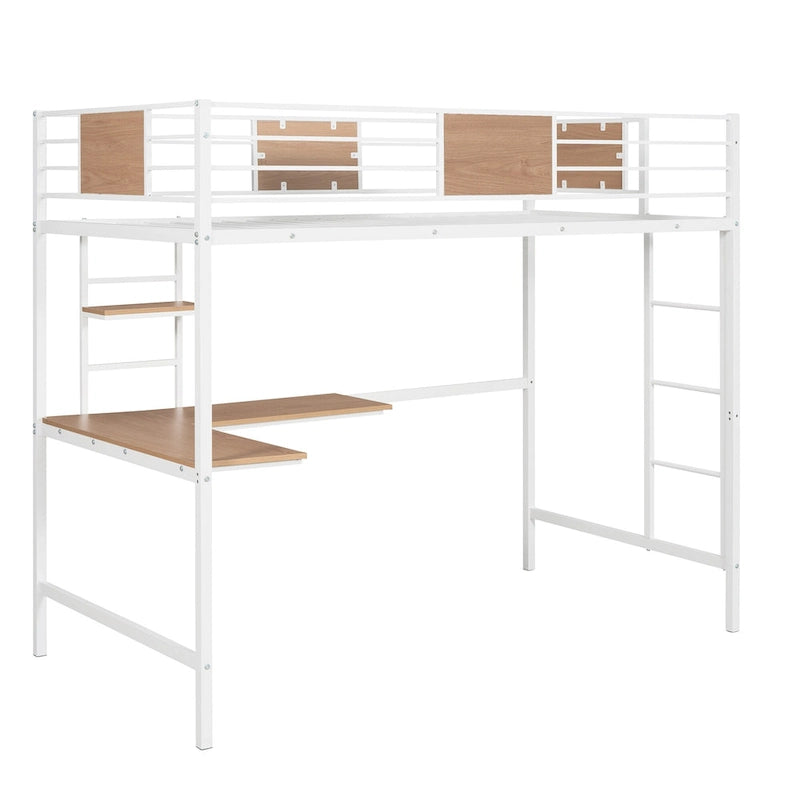 Twin Size Metal Loft Bed with Desk and Shelves for Kids