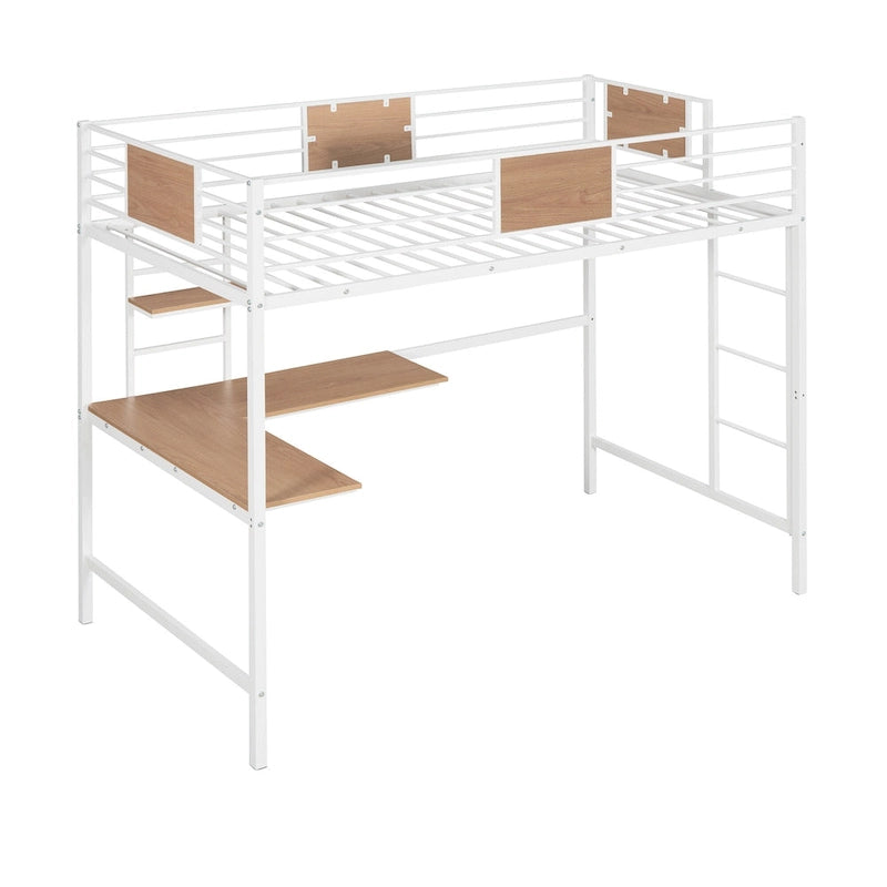 Twin Size Metal Loft Bed with Desk and Shelves for Kids