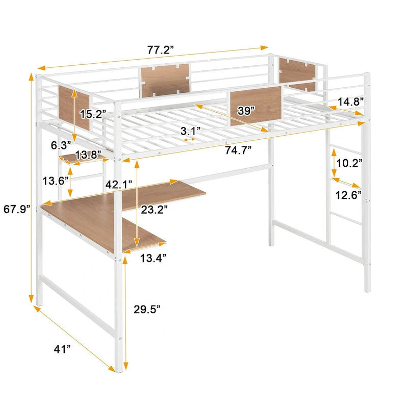 Twin Size Metal Loft Bed with Desk and Shelves for Kids
