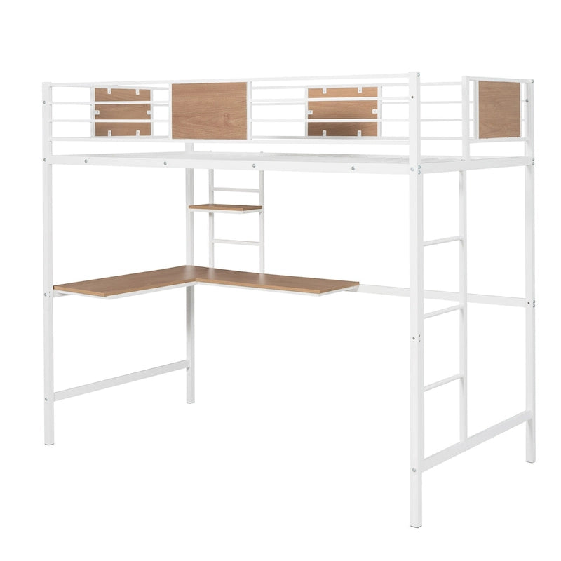 Twin Size Metal Loft Bed with Desk and Shelves for Kids