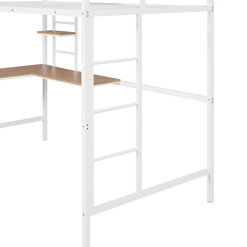 Twin Size Metal Loft Bed with Desk and Shelves for Kids