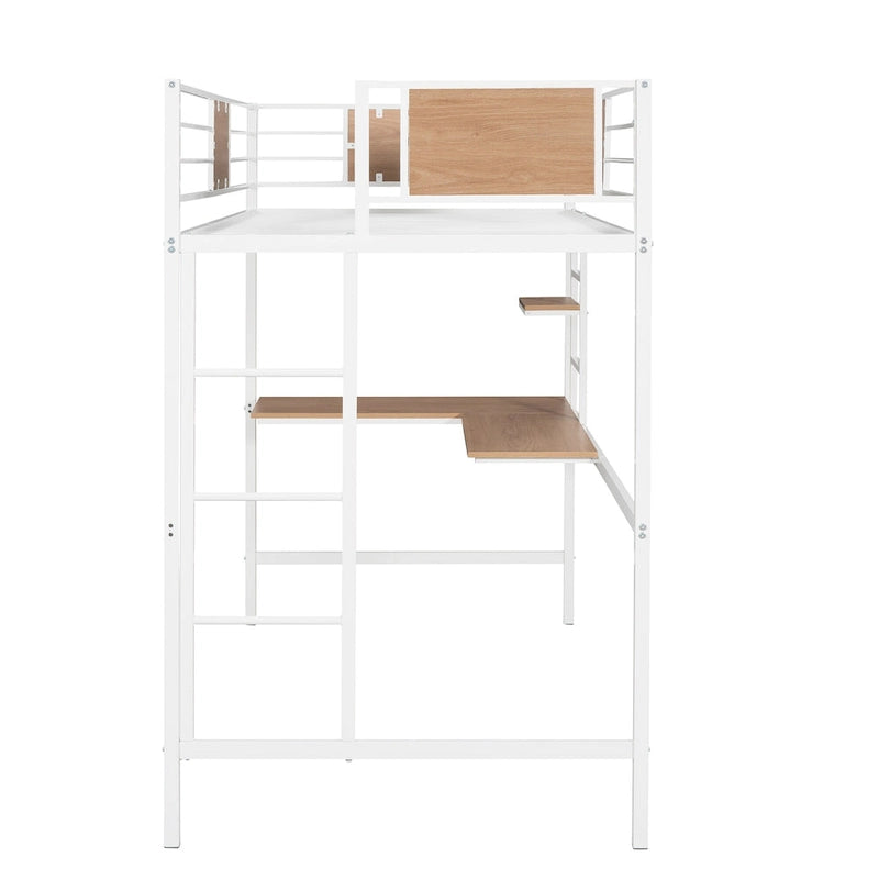 Twin Size Metal Loft Bed with Desk and Shelves for Kids