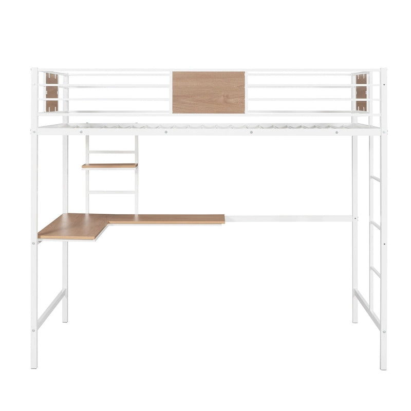 Twin Size Metal Loft Bed with Desk and Shelves for Kids