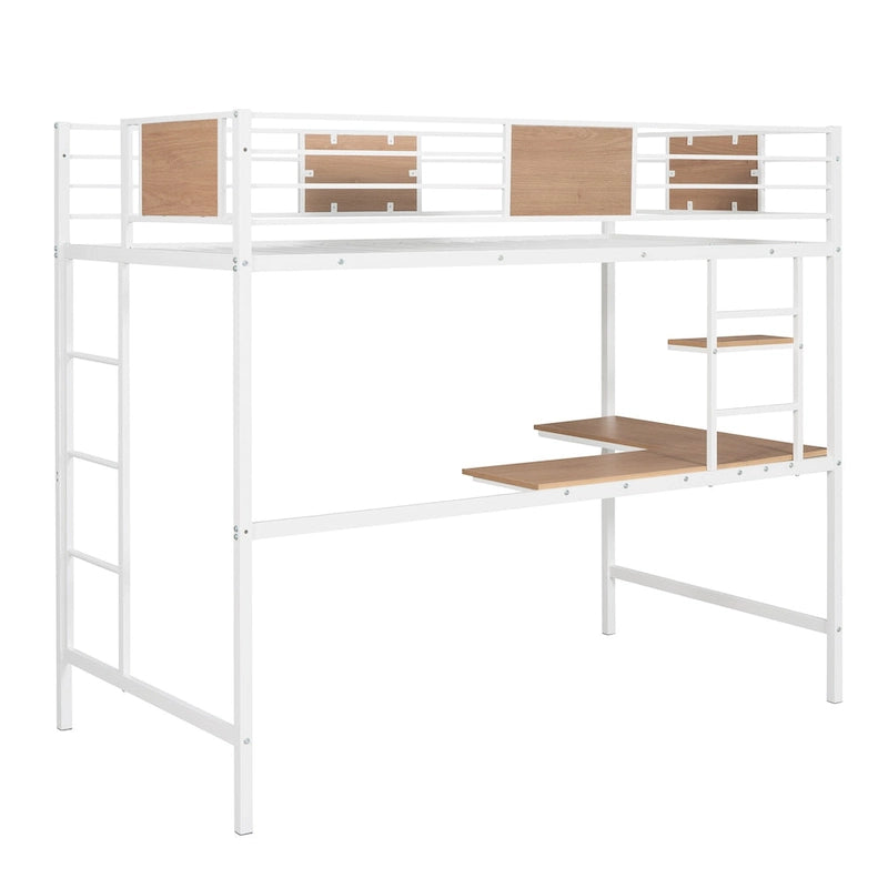Twin Size Metal Loft Bed with Desk and Shelves for Kids