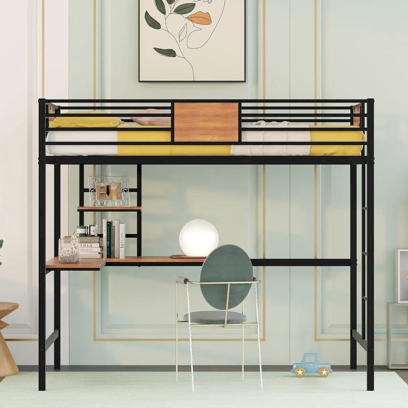 Twin Size Metal Loft Bed with Desk and Shelves for Kids