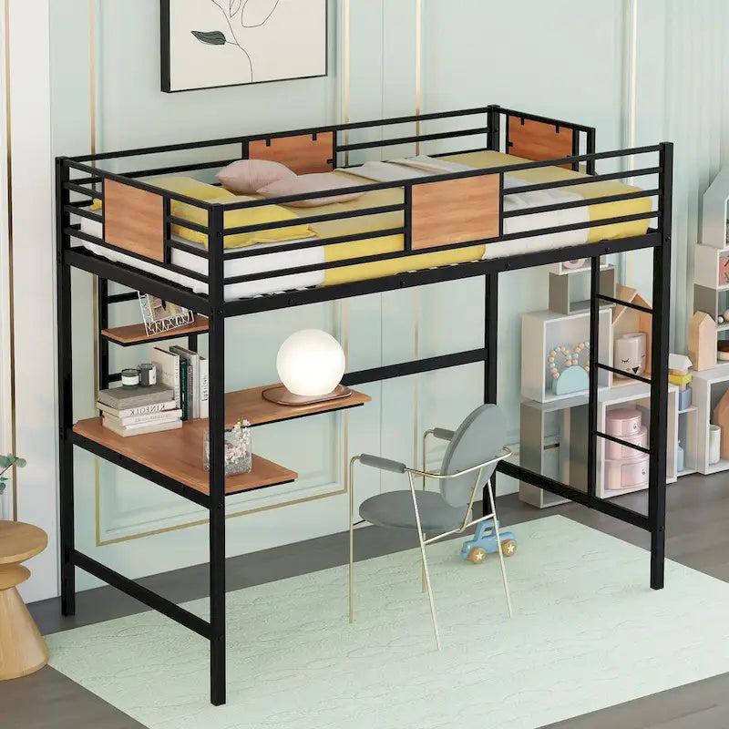 Twin Size Metal Loft Bed with Desk and Shelves for Kids