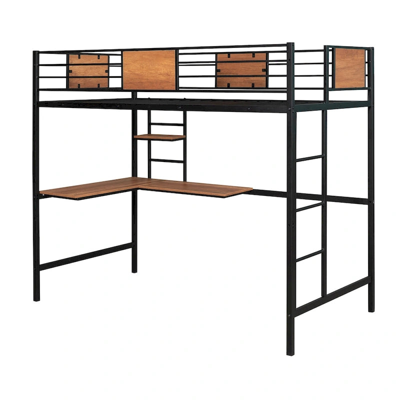 Twin Size Metal Loft Bed with Desk and Shelves for Kids