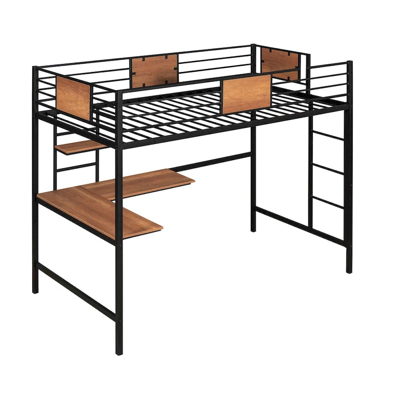 Twin Size Metal Loft Bed with Desk and Shelves for Kids
