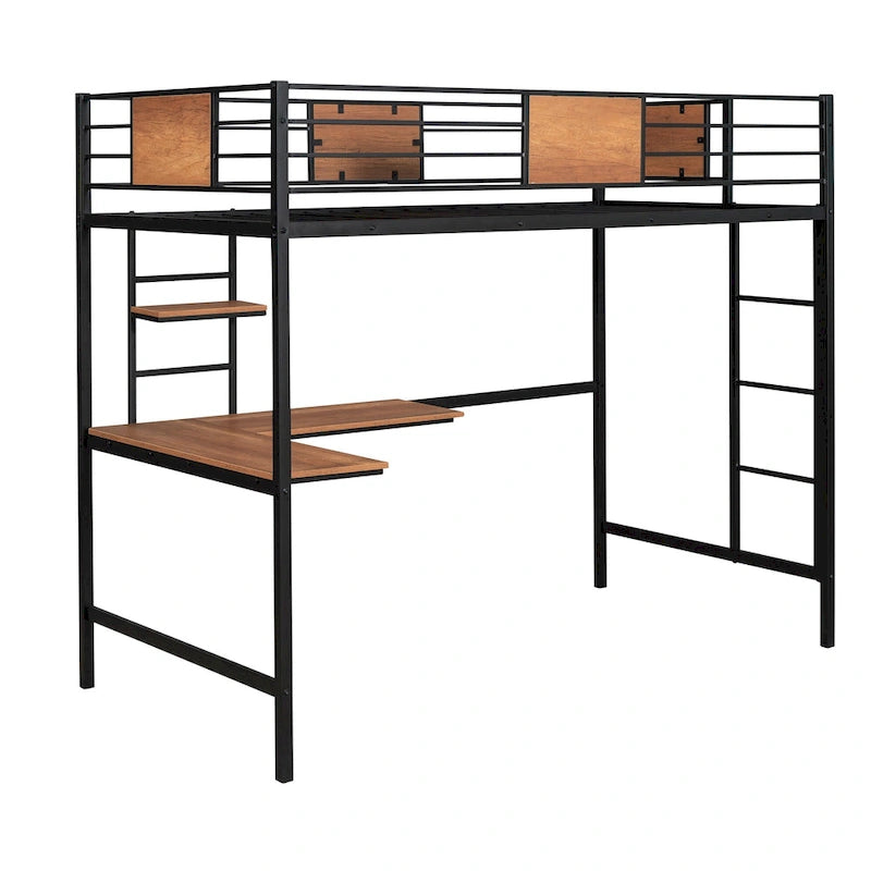 Twin Size Metal Loft Bed with Desk and Shelves for Kids