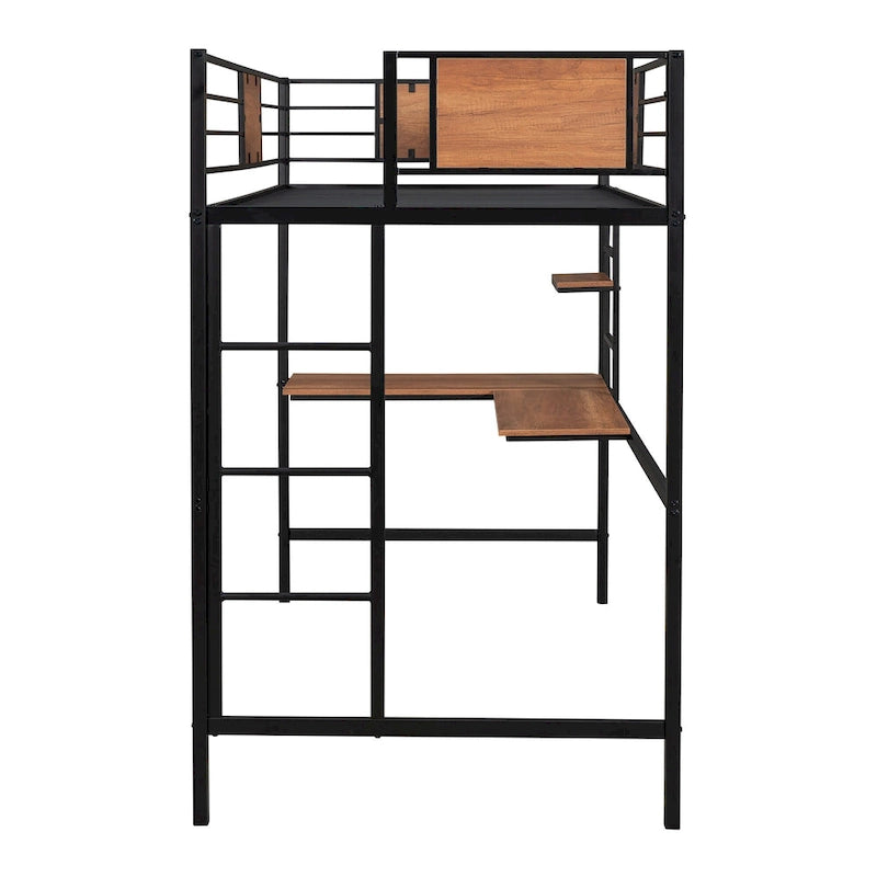 Twin Size Metal Loft Bed with Desk and Shelves for Kids