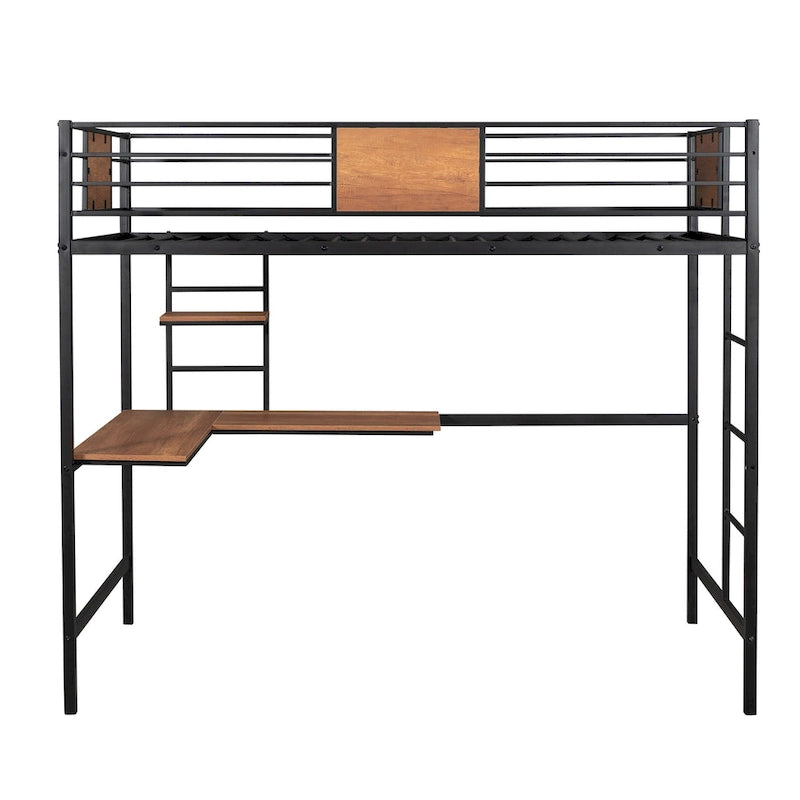 Twin Size Metal Loft Bed with Desk and Shelves for Kids