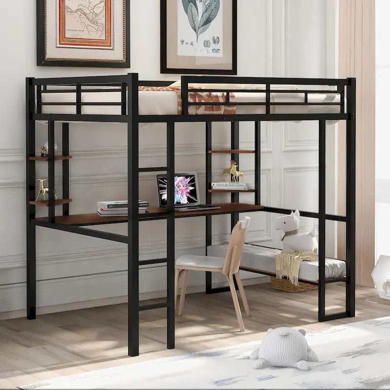 Full Size Metal Loft Bed with Long Desk and Shelves for Kids, Boys and Girls