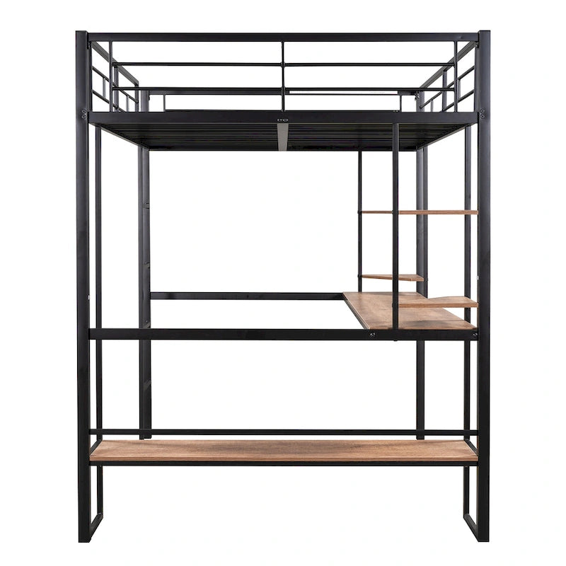 Full Size Metal Loft Bed with Long Desk and Shelves for Kids, Boys and Girls