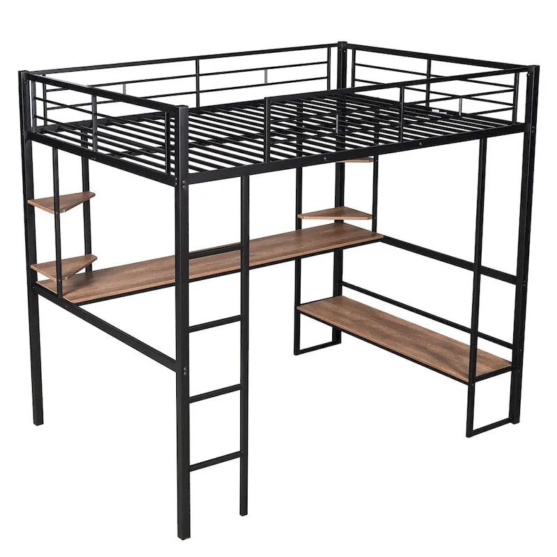 Full Size Metal Loft Bed with Long Desk and Shelves for Kids, Boys and Girls