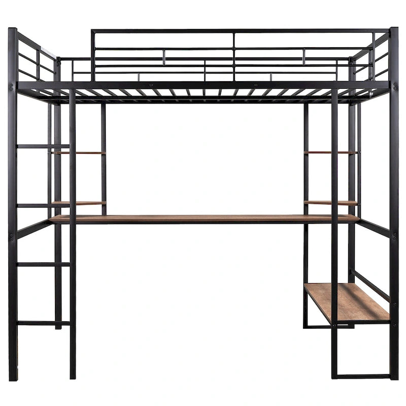 Full Size Metal Loft Bed with Long Desk and Shelves for Kids, Boys and Girls