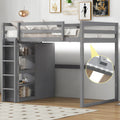Full Size Wood Loft Bed with Built-in Wardrobe and Storage Shelves, Led light