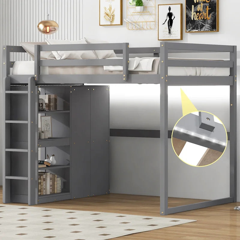 Full Size Wood Loft Bed with Built-in Wardrobe and Storage Shelves, Led light
