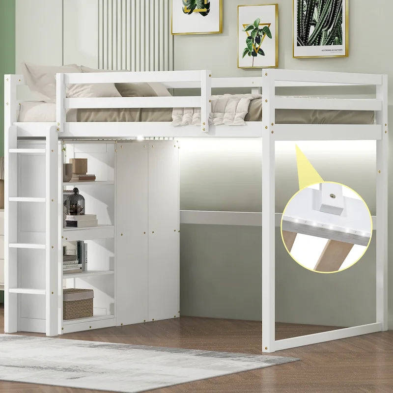 Full Size Wood Loft Bed with Built-in Wardrobe and Storage Shelves, Led light