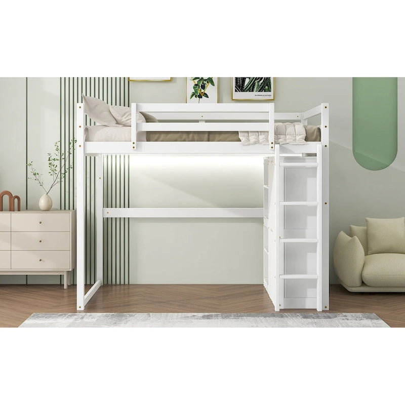 Full Size Wood Loft Bed with Built-in Wardrobe and Storage Shelves, Led light