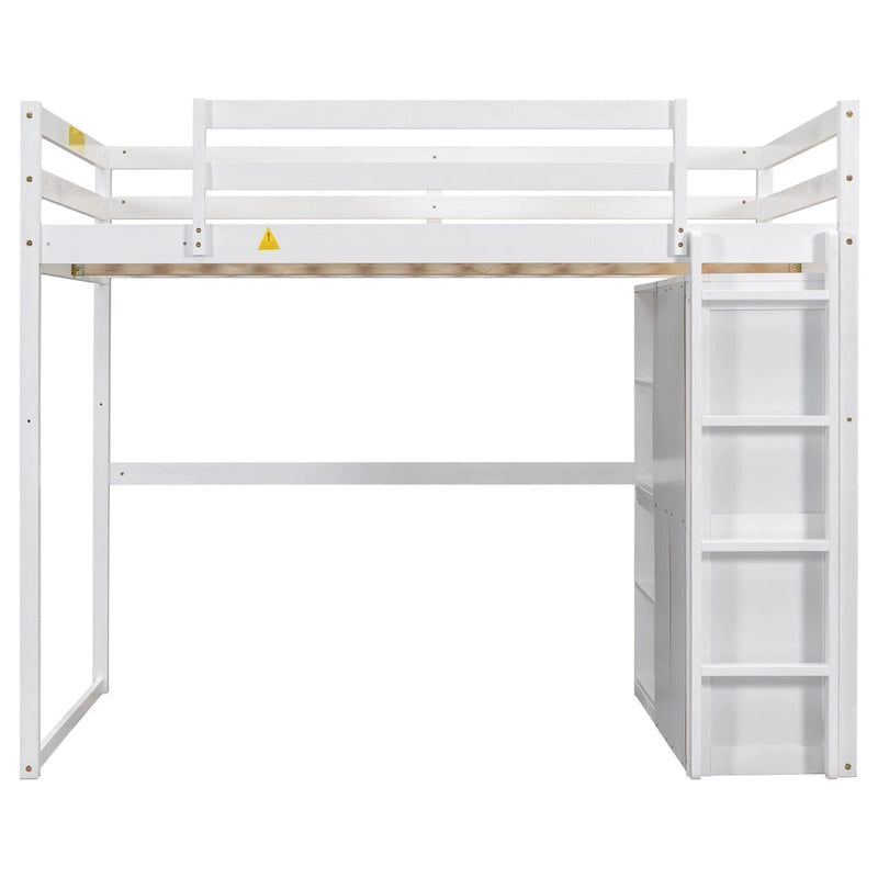 Full Size Wood Loft Bed with Built-in Wardrobe and Storage Shelves, Led light