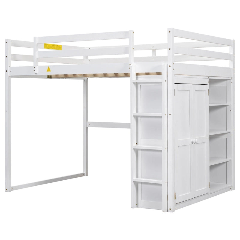 Full Size Wood Loft Bed with Built-in Wardrobe and Storage Shelves, Led light